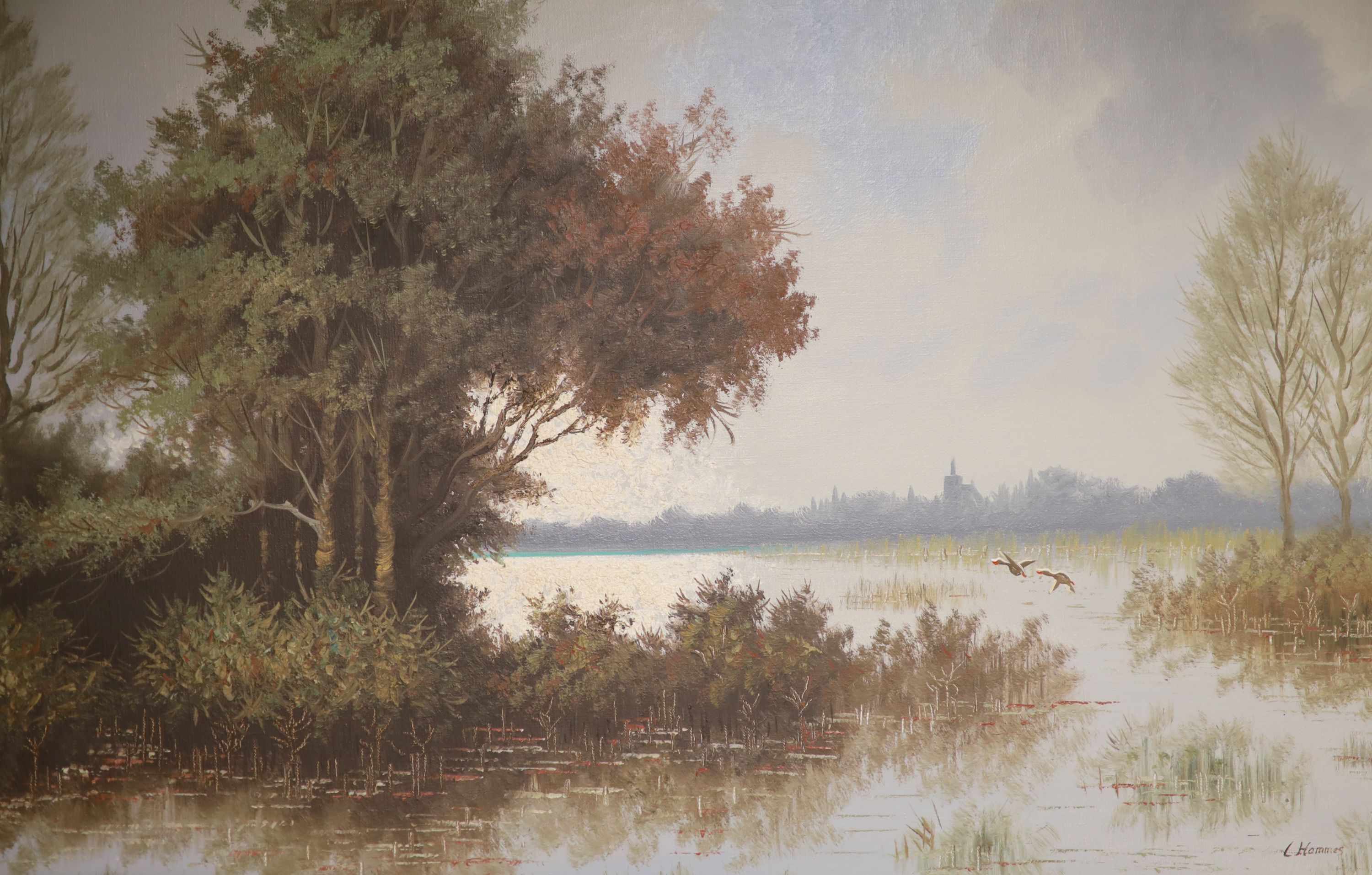 C* Hommes (20th century), oil on canvas, lake scene with ducks, 60 x 90cm